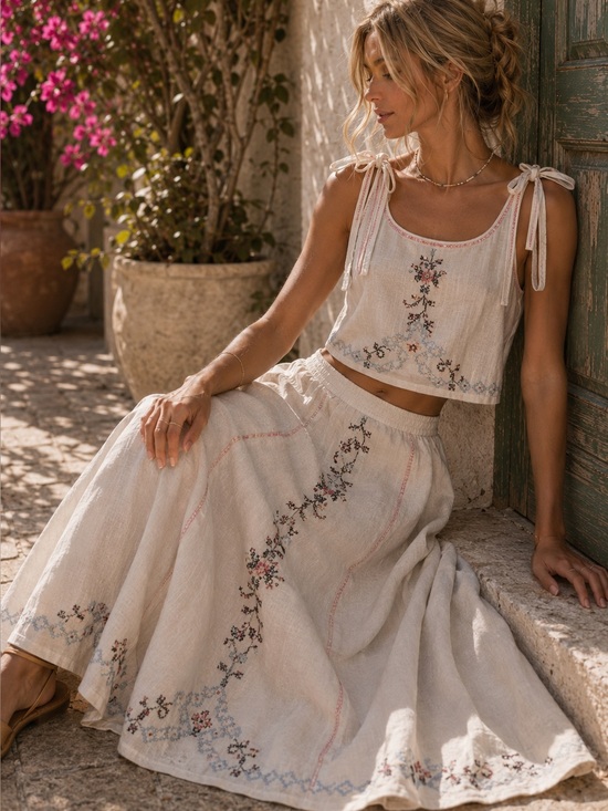 Camila Coelho Dresses & Skirts - Camila Coelho Floral Embroidered Linen Top & Maxi Skirt Set S NWT